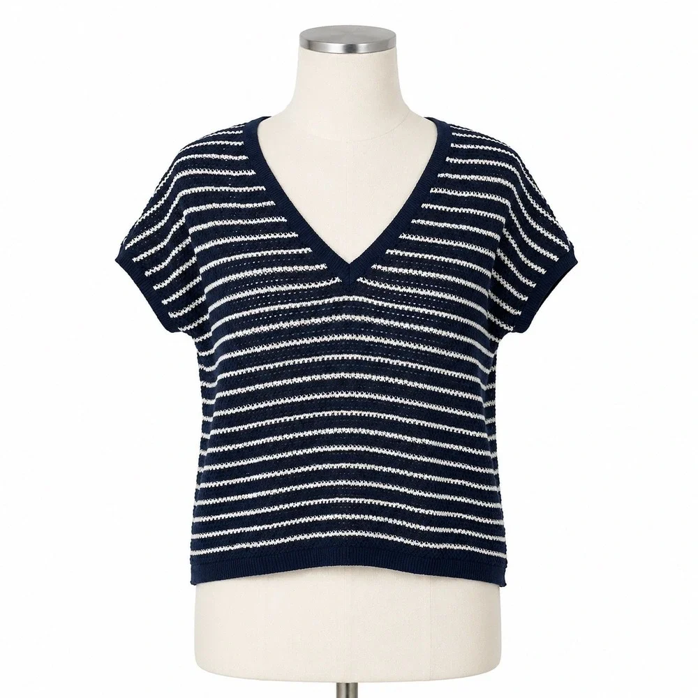 Pact Cotton Crochet Knit Top Women's Large Blue White Stripe Short Sleeve